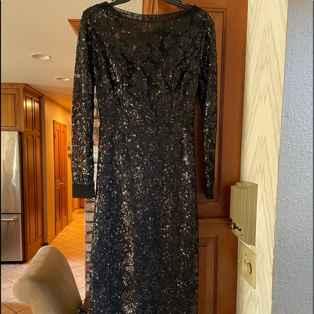 Jasmine Bridal Jade Couture Black Long Sleeve Long Floral Sequin Boat Neck Dress